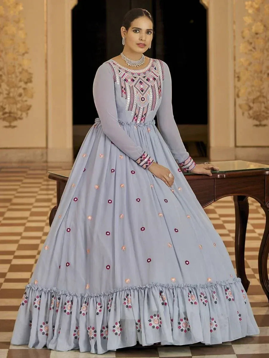 Light blue embroidered anarkali gown with floral motifs, perfect for Indian ethnic occasions