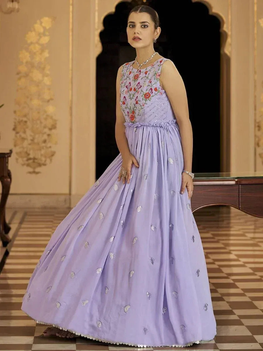 Lavender ethnic gown with floral embroidery, perfect for Indian occasions and weddings