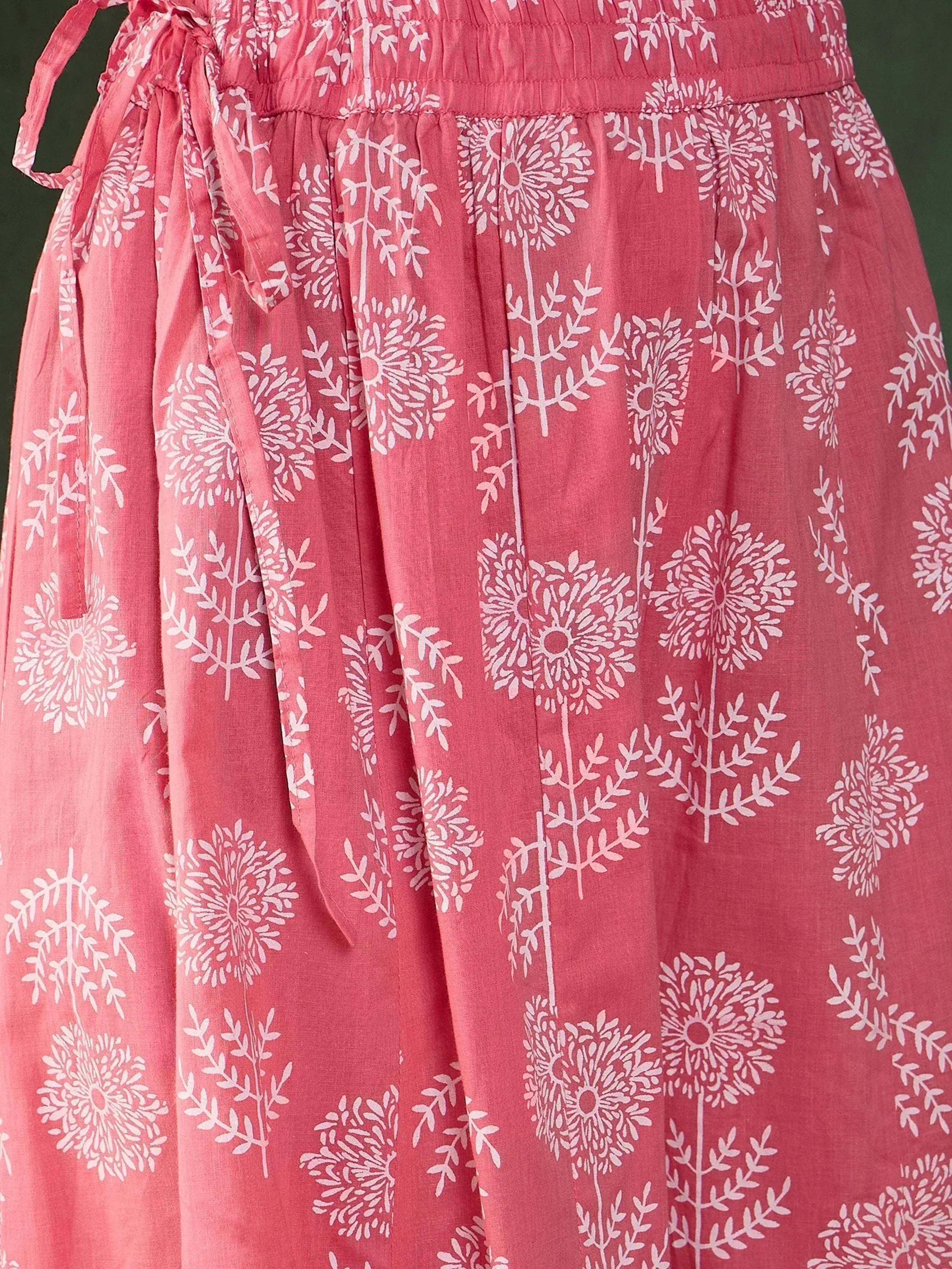Pink floral print ethnic skirt with drawstring waist, ideal for Indian wear