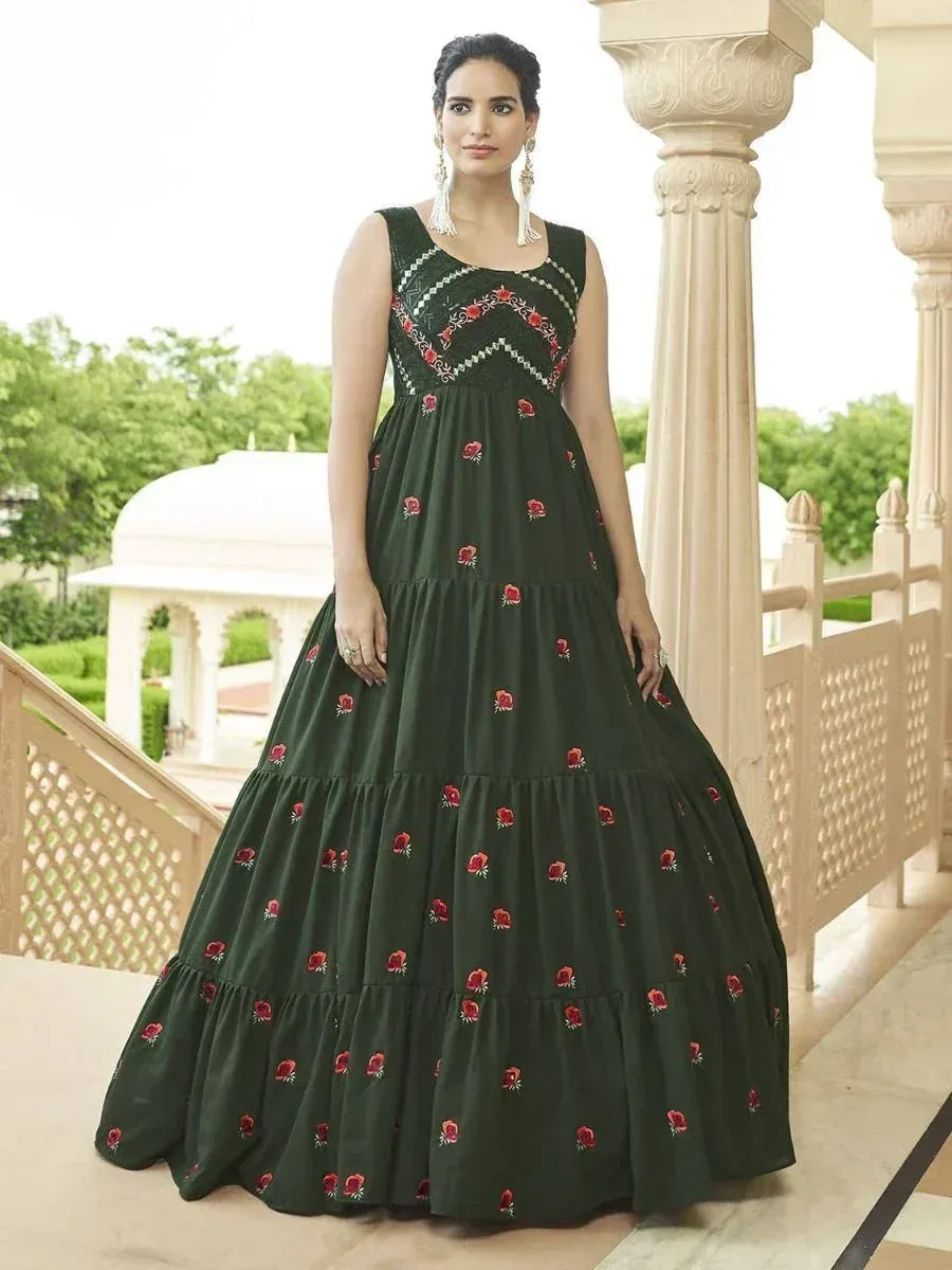Olive green tiered ethnic gown with red floral embroidery, perfect for Indian occasions