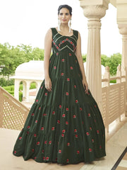 Gleaming Olive Green Georgette Thread Gathering Wear Long Anarkali Gown