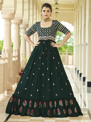Intricate Green Georgette Foil Mirror Work Long Anarkali Gown