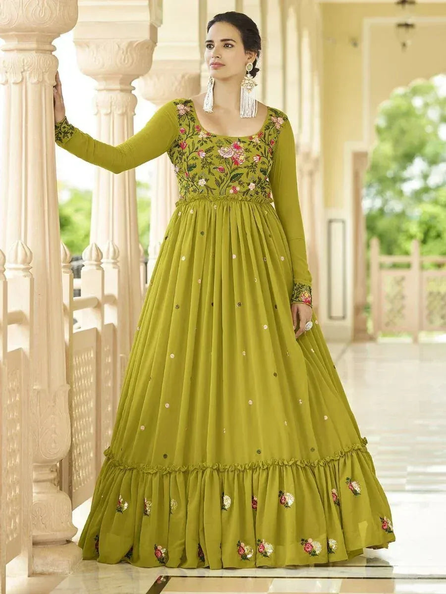 Olive green floral embroidered anarkali gown with ruffled hem, perfect for Indian ethnic occasions