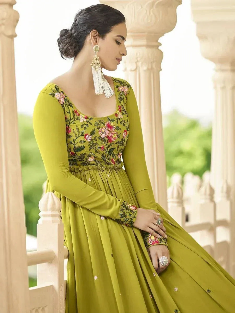 Olive green embroidered anarkali gown with floral design, perfect for Indian ethnic occasions