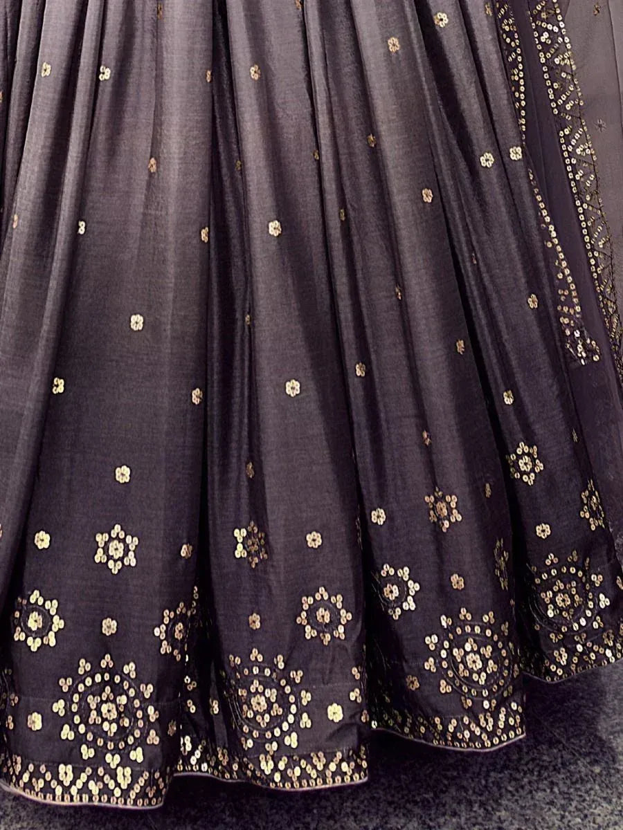 Black lehenga with gold floral embroidery and sequin detailing, ethnic Indian wear