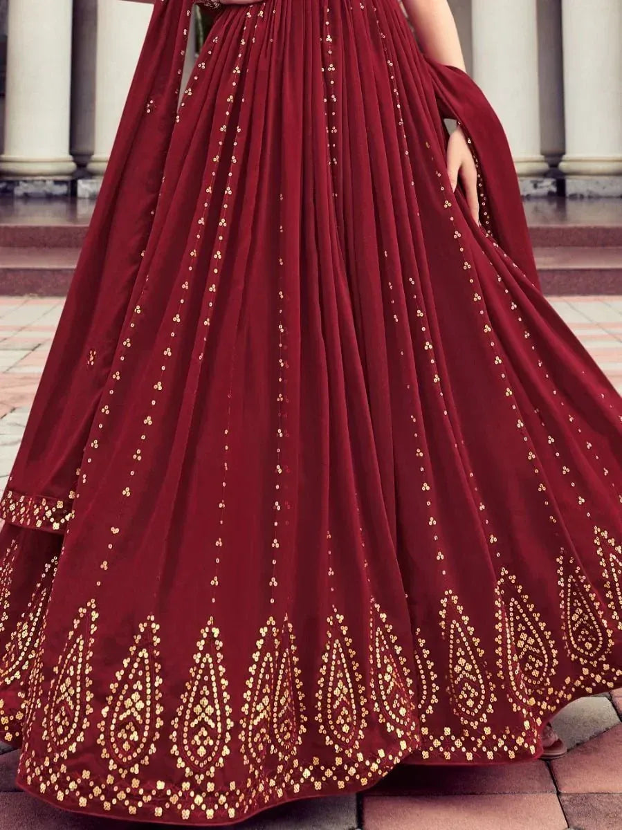 Maroon lehenga with gold sequin embroidery, traditional Indian ethnic wear