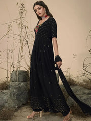 Beauteous Black Embroidered georgette Festive Wear Palazzo Suit
