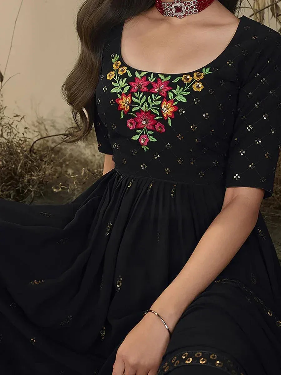 Black ethnic gown with floral embroidery and sequin details, half sleeves