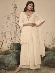 Woman in cream embroidered ethnic gown with dupatta, Ethnic Plus Indian wear