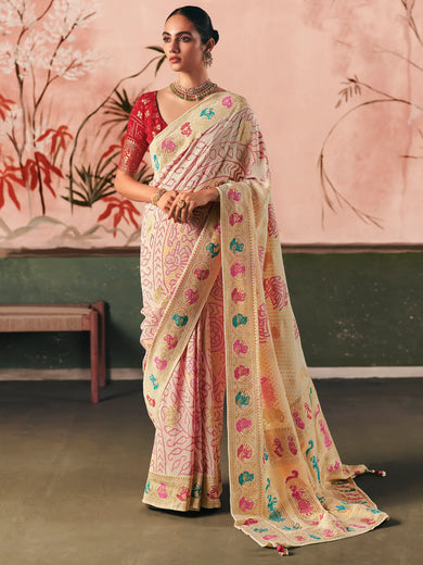 Wonderful Cream Weaving Work Silk Festival Wear Saree With Blouse