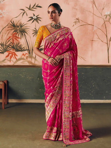 Stunning Pink Weaving Work Silk Wedding Wear Saree With Blouse