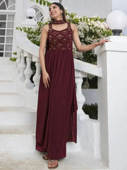 Wonderful Maroon Sequined Georgette Readymade Palazzo Suit