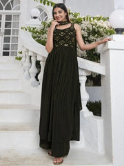 Splendid Olive Embroidered Georgette Readymade Palazzo Suit