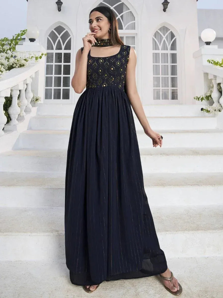 Navy blue ethnic gown with gold embroidery, perfect for Indian occasions and festive events