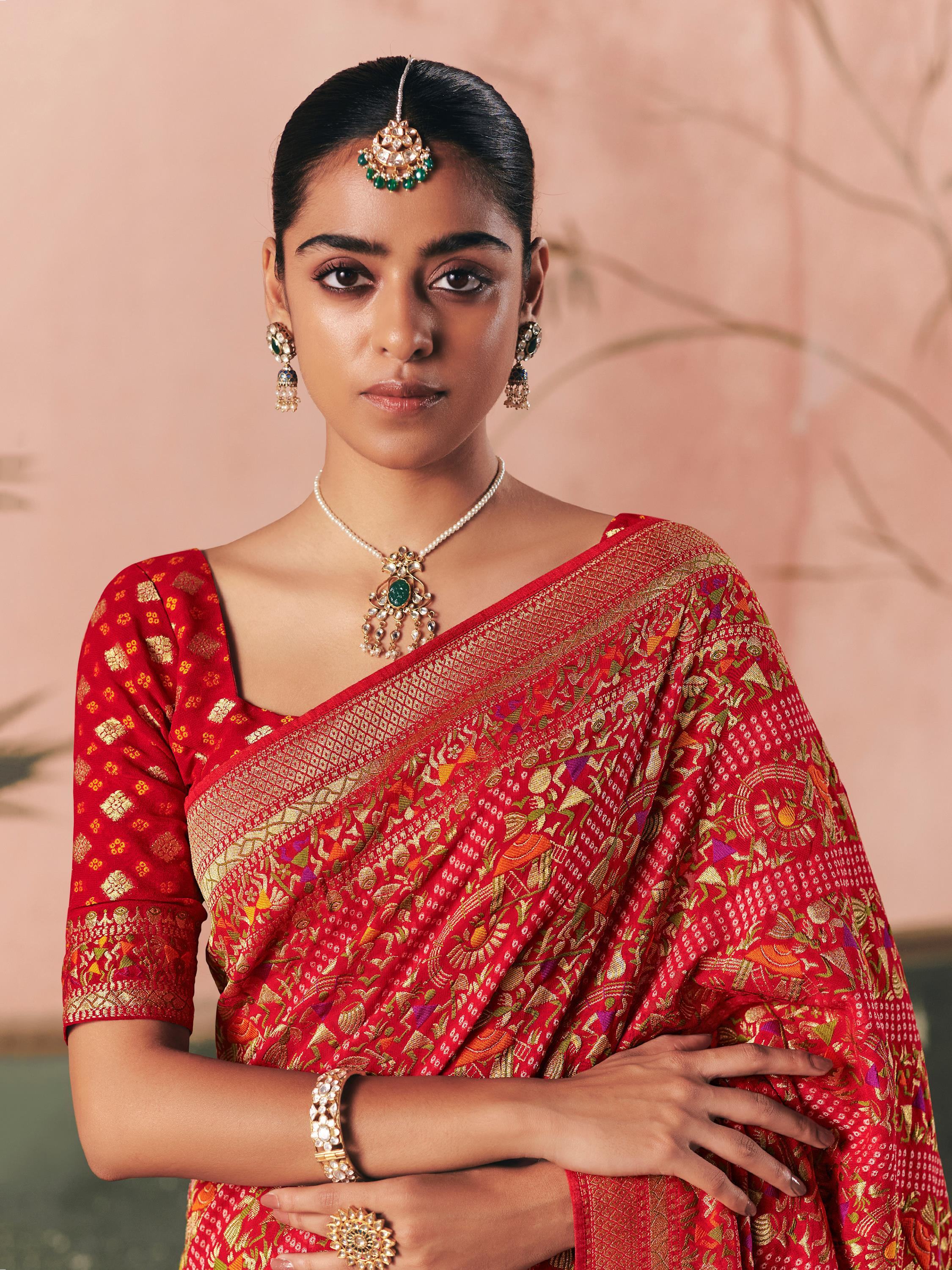 Gorgeous Red Weaving Work Silk Bridal Saree With Blouse