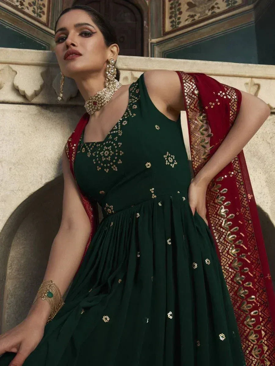 Emerald green embroidered anarkali with red dupatta, ethnic Indian wear for women