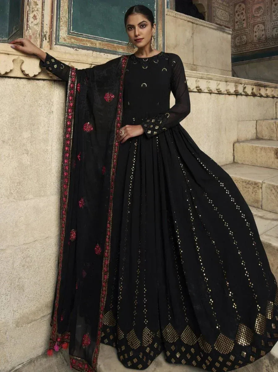 Black embroidered anarkali suit with gold sequins and pink dupatta, Indian ethnic wear