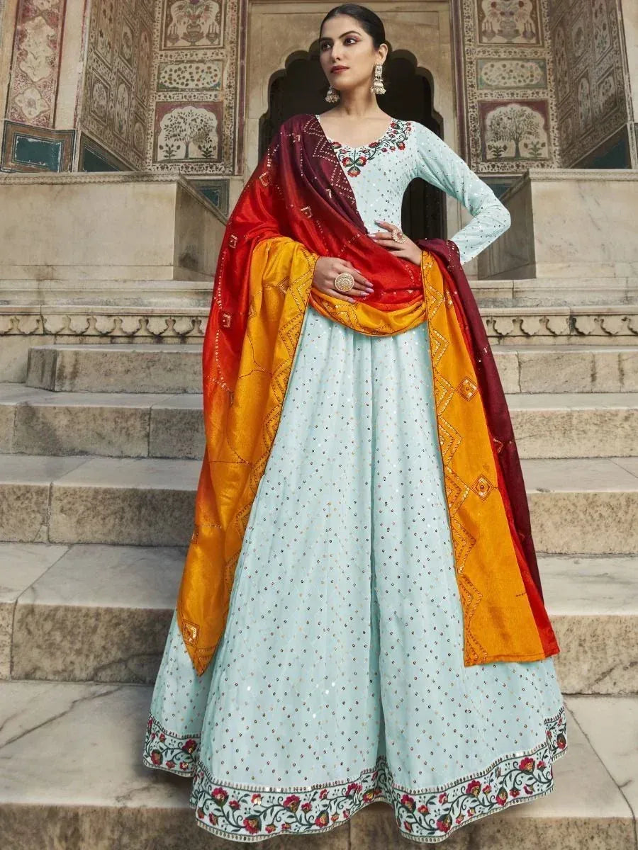 Light blue embroidered anarkali with red and orange dupatta, traditional Indian ethnic wear