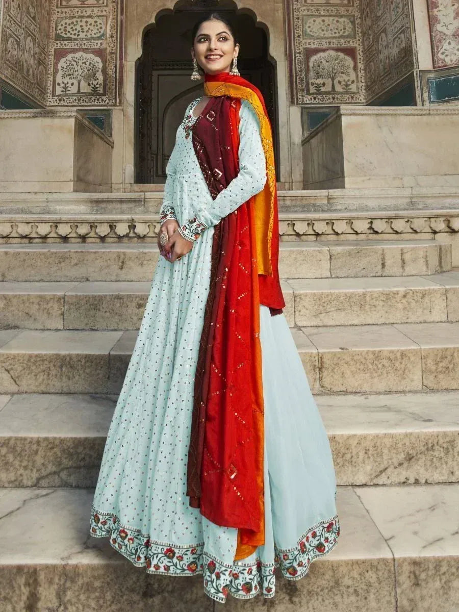 Light blue embroidered anarkali with red dupatta, Indian ethnic wear for women