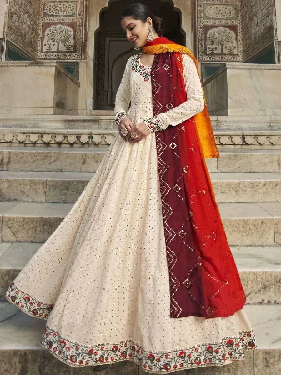 Cream embroidered anarkali with red dupatta, Indian ethnic wear for women
