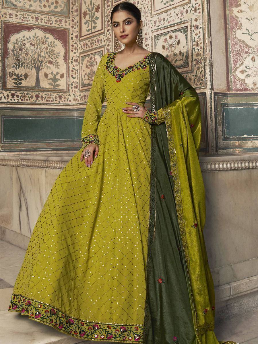 Lime green embroidered anarkali with floral detailing and matching dupatta, perfect for Indian ethnic occasions