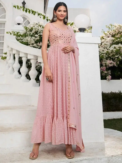 Fascinating Pink Mirror Work Georgette Sangeet Wear Salwar Kameez