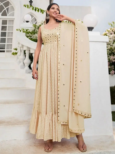 Mesmerizing Beige Mirror Work Georgette Reception Wear Salwar Suit