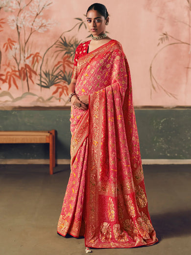 Enchanting Coral Red Weaving Work Silk Festive Wear Saree With Blouse