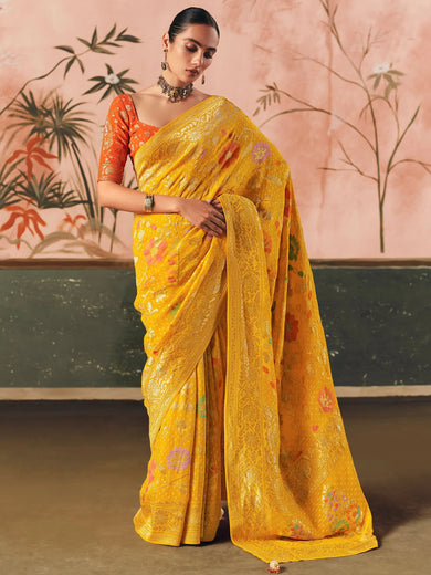 Graceful Yellow Weaving Work Silk Haldi Wear Saree With Blouse