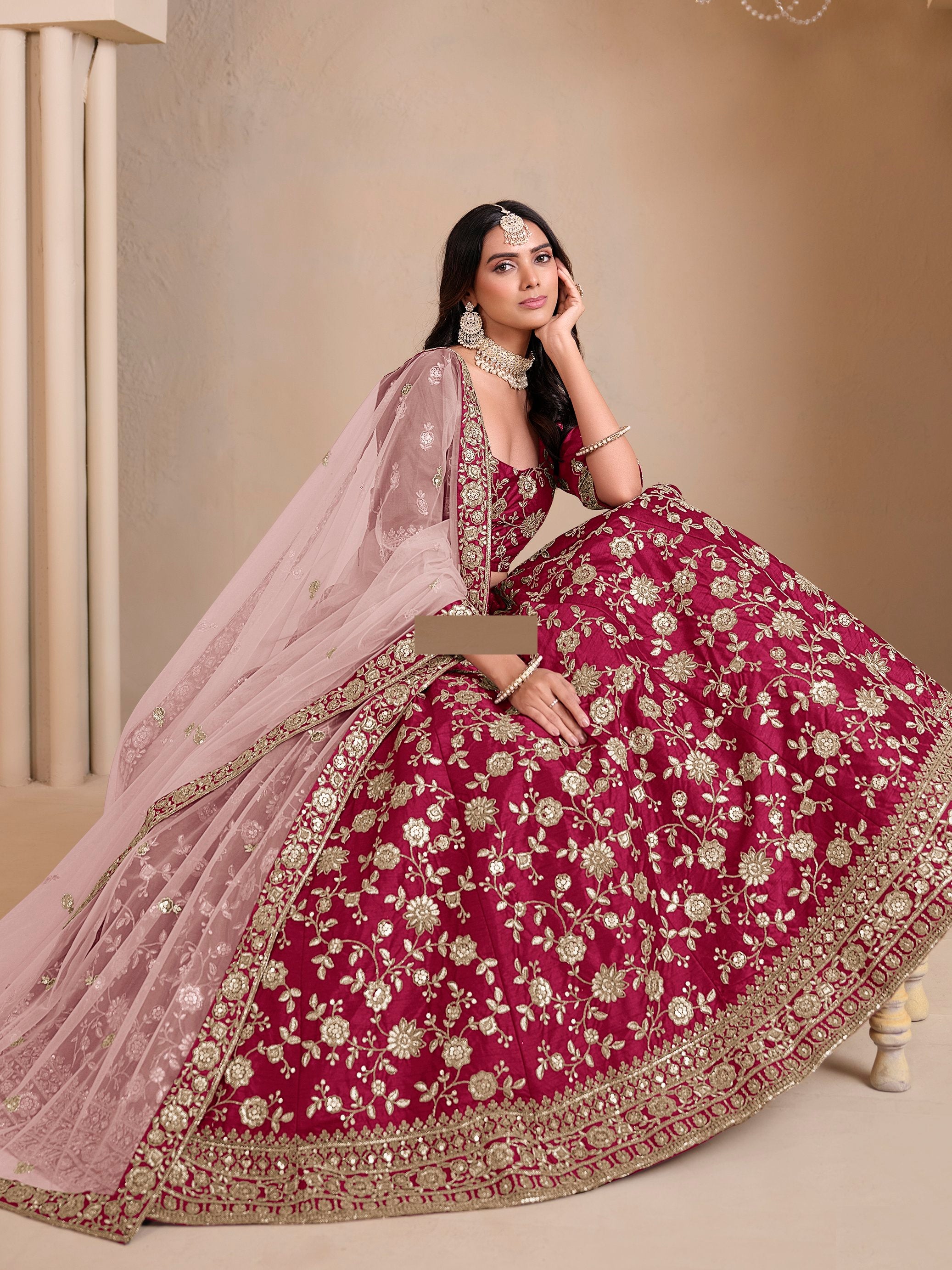 Glamours Pink Embroidered Silk Reception Wear Lehenga Choli With Dupatta
