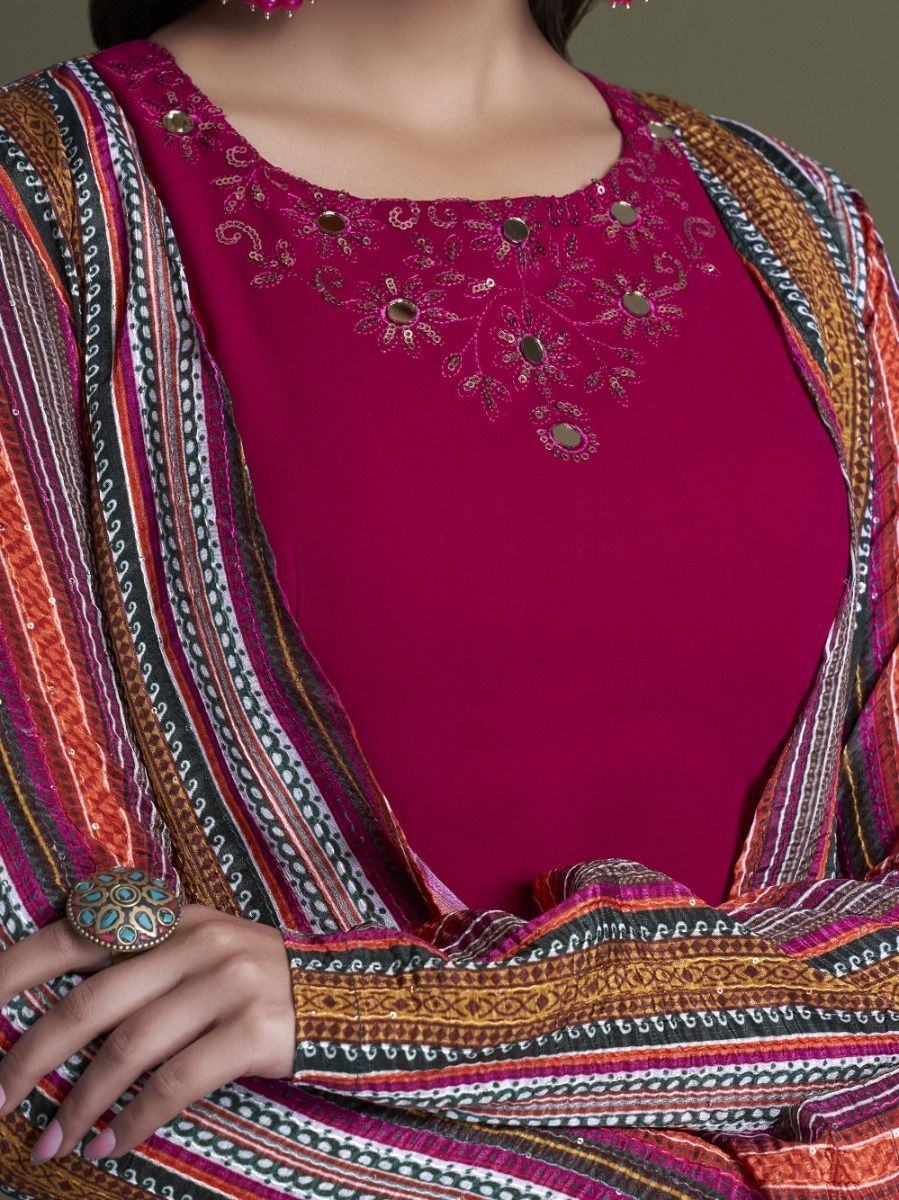 Magenta embroidered kurta with mirror work and multicolor striped dupatta, Indian ethnic wear