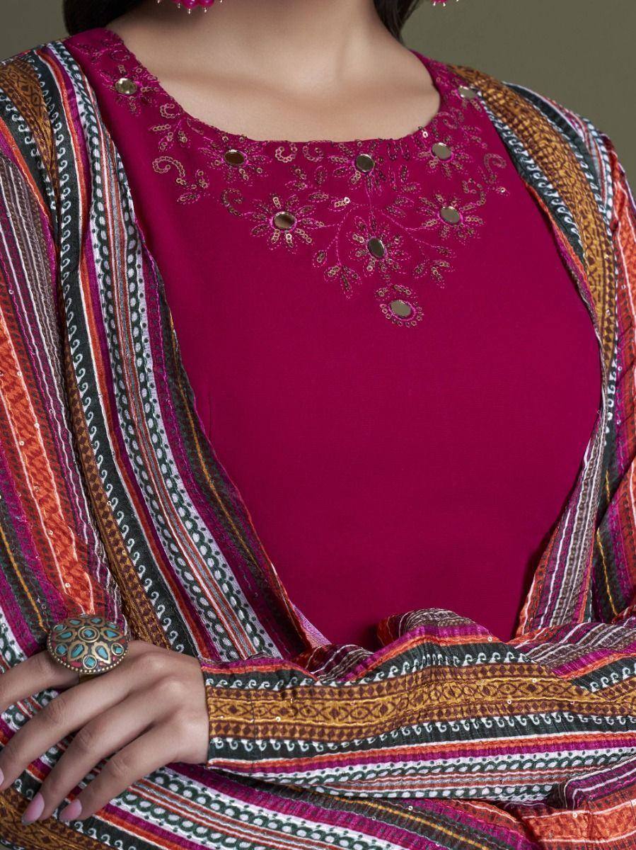 Magenta embroidered kurta with mirror work and multicolor striped dupatta, Indian ethnic wear