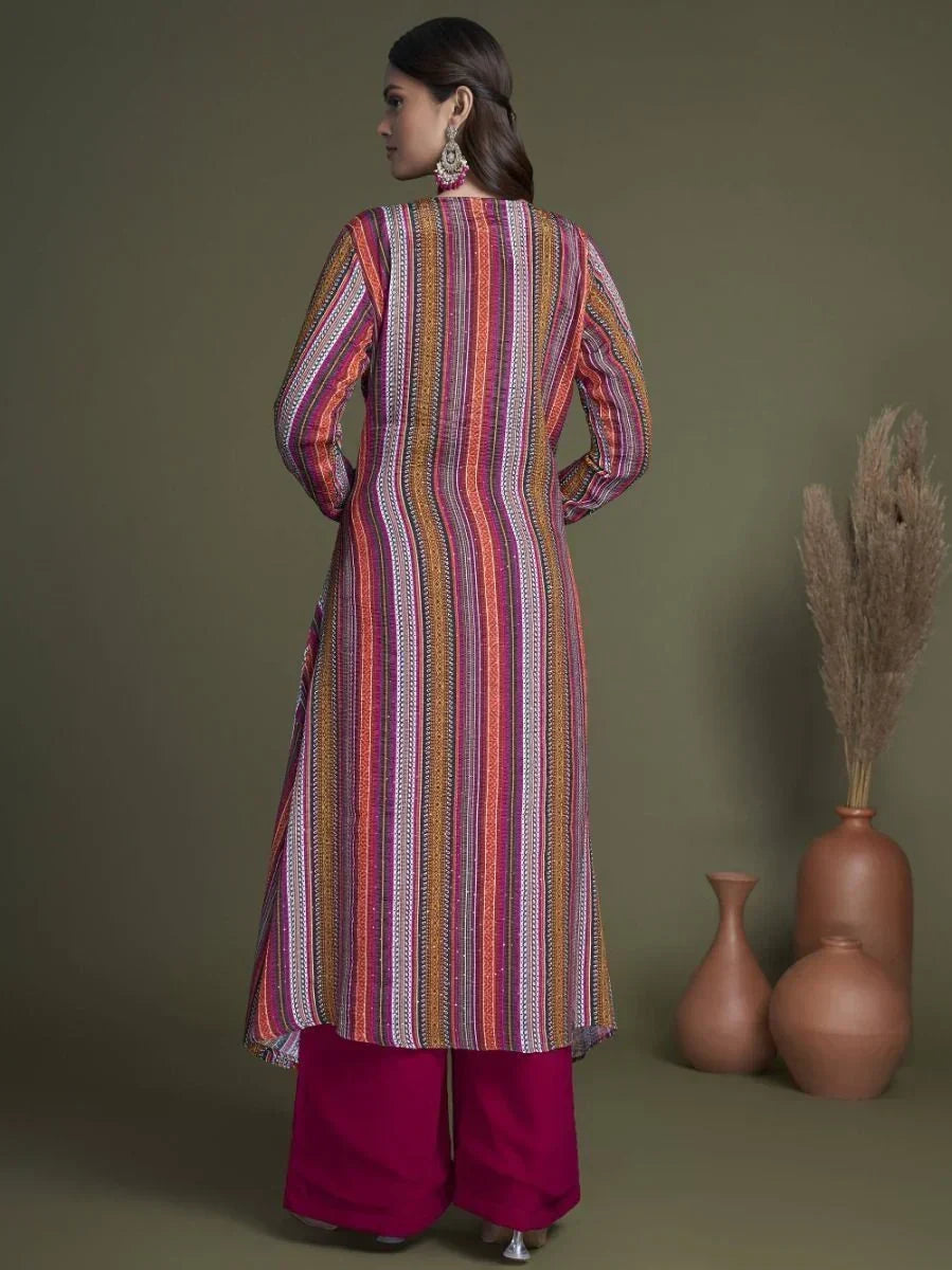 Woman wearing multicolor striped ethnic long kurta with maroon palazzo pants, back view