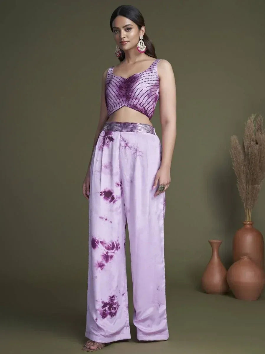 Purple sequin crop top with tie-dye palazzo pants, Indian ethnic wear for women