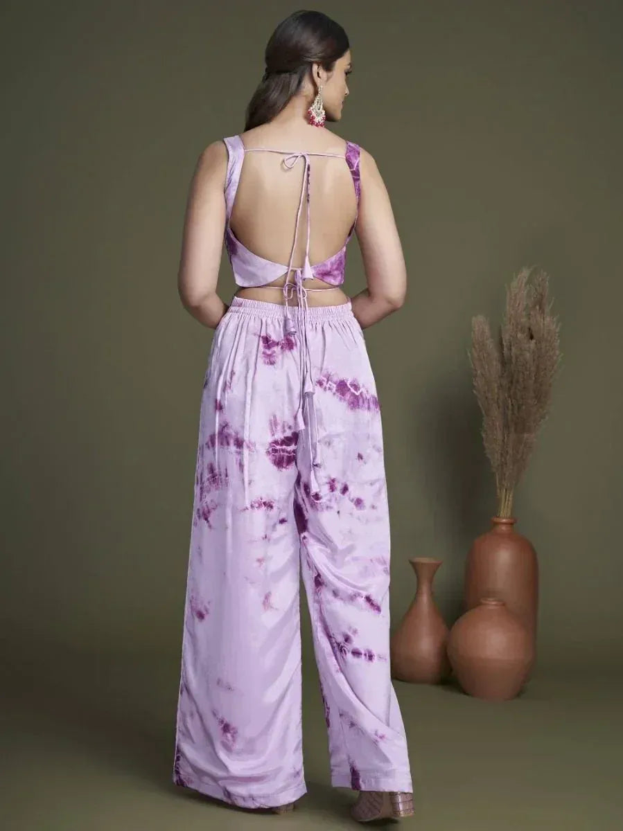 Purple tie-dye ethnic palazzo set with back-tie blouse, stylish Indian wear for women