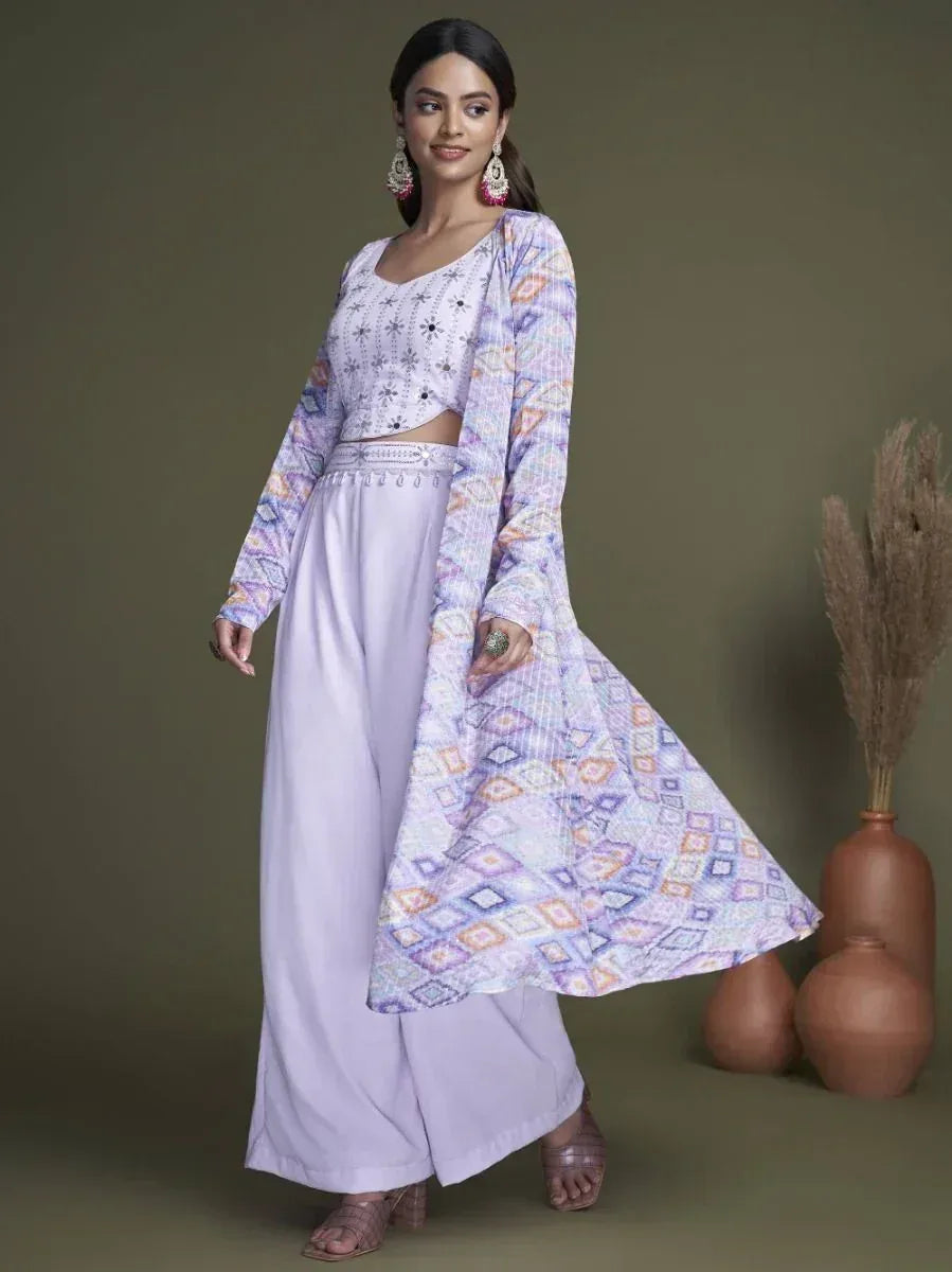 Lavender ethnic palazzo set with printed cape, perfect for Indian festive occasions and parties.