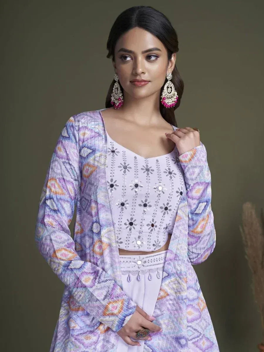 Purple printed ethnic kurta with embellished crop top and palazzo pants, styled with jhumka earrings