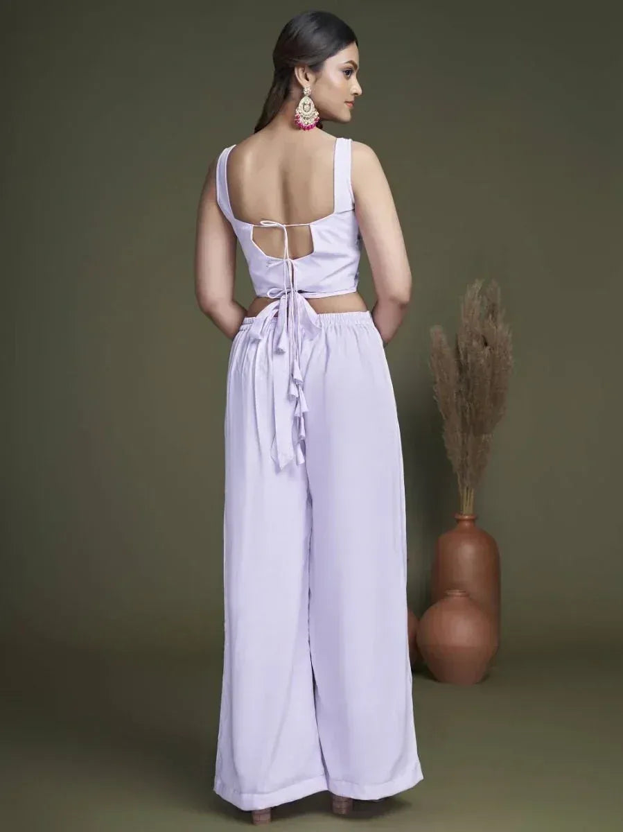 Lavender ethnic palazzo set with back-tie crop top, perfect for modern Indian wear