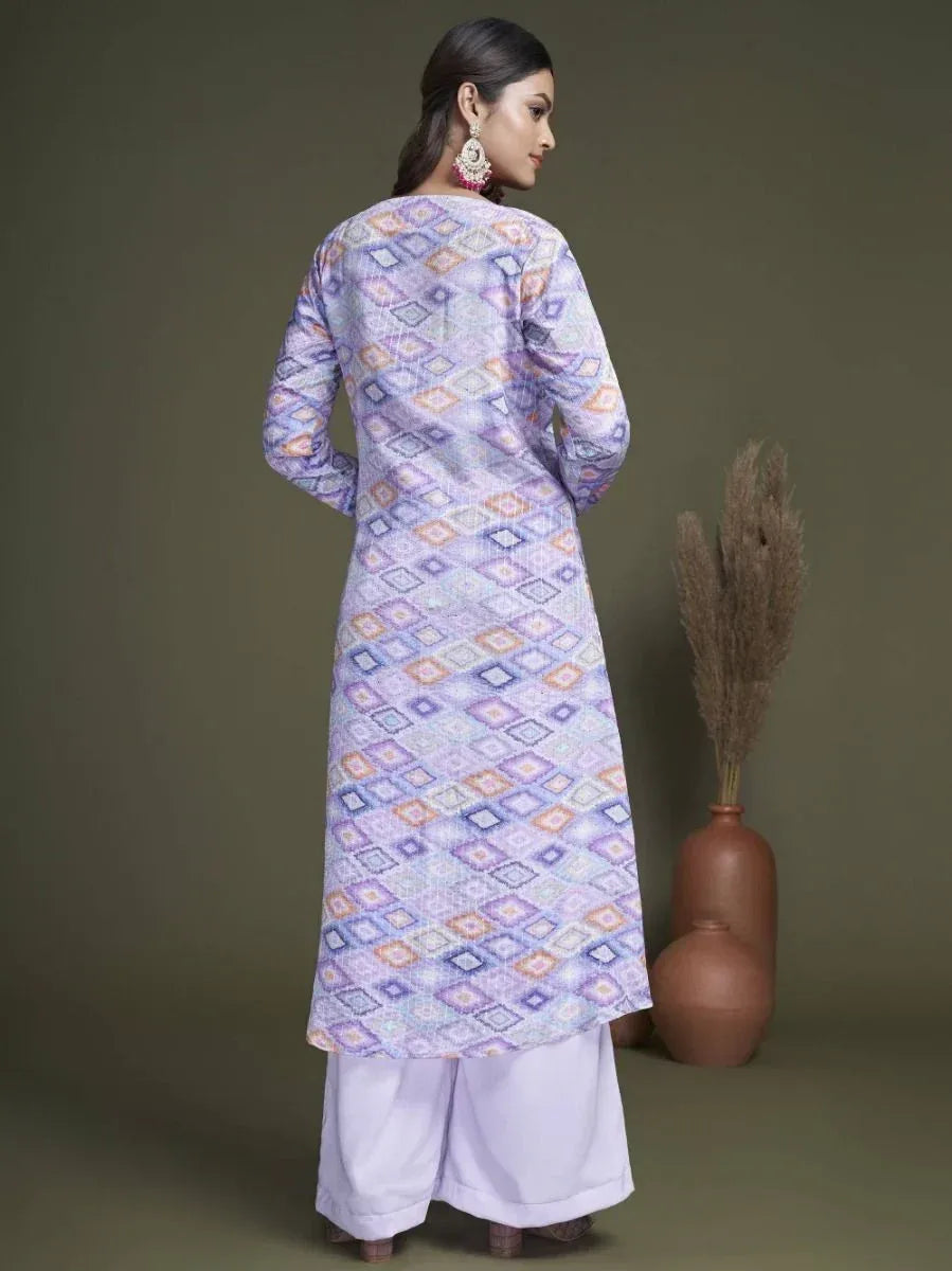 Purple printed kurta with geometric pattern, paired with white palazzo pants, ethnic wear for women