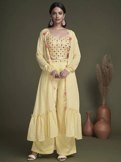 Exquisite Yellow Weaving Georgette Ready-Made Crop Top Palazzo