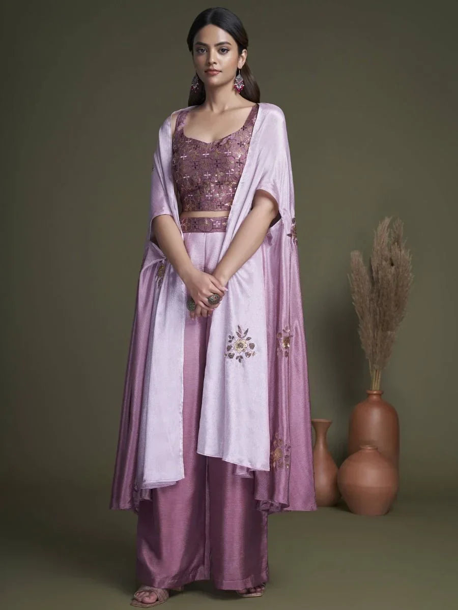 Woman in mauve embroidered palazzo set with long jacket and crop top, Indian ethnic wear