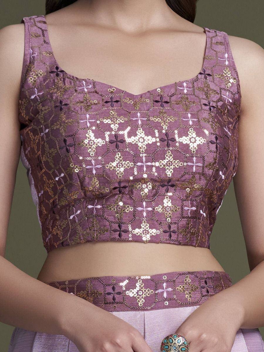 Purple embroidered sequin sleeveless blouse for lehenga or saree, close-up view