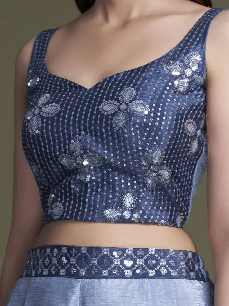 Blue sequin embroidered crop top with matching waistband, ethnic wear for women