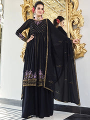 Woman in elegant black and gold embroidered Anarkali suit, Indian ethnic wear, Ethnic Plus