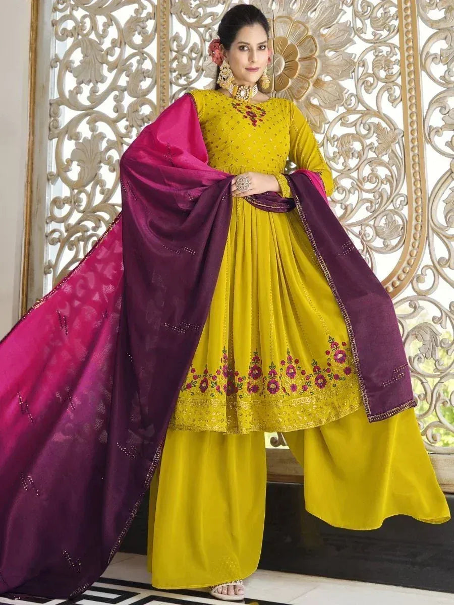 Yellow embroidered anarkali suit with purple dupatta, Indian ethnic wear for women