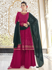 Woman in magenta embroidered Indian ethnic gown with green dupatta, Ethnic Plus