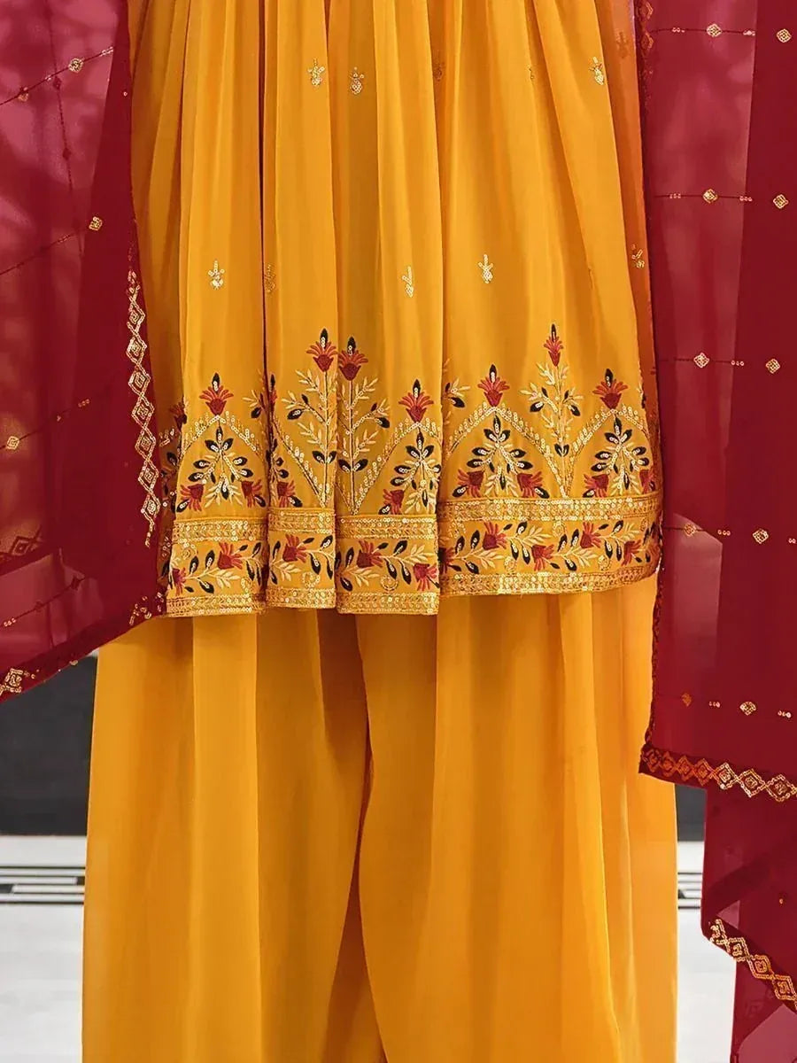 Yellow palazzo suit with intricate floral embroidery and maroon dupatta, Indian ethnic wear
