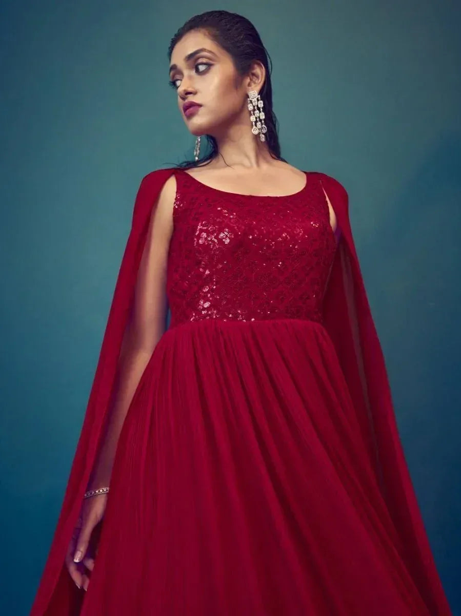 Red sequin ethnic gown with cape, perfect for Indian weddings and festive occasions