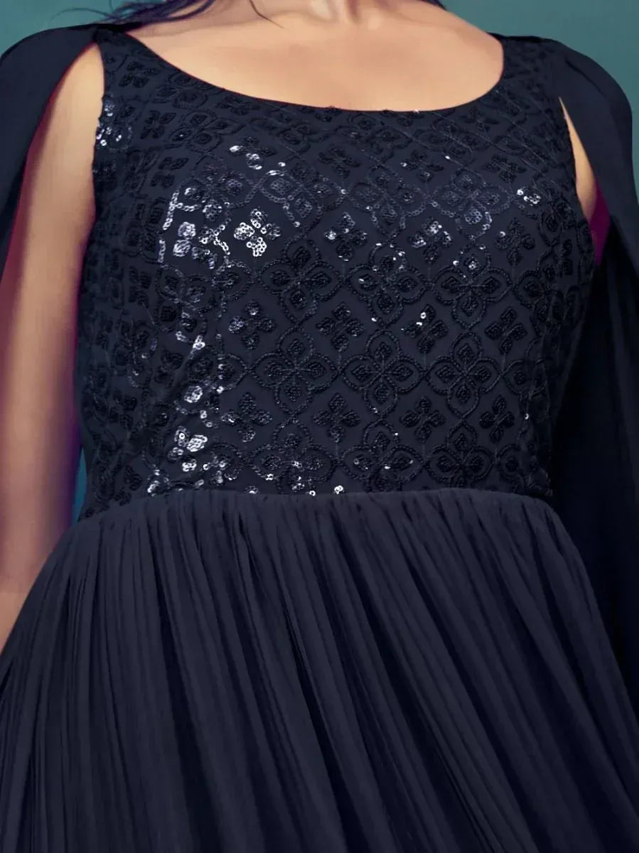 Navy blue ethnic gown with sequin embroidered bodice and pleated skirt