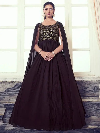 Charming Wine Sequins Georgette Wedding Wear Ready-Made Gown